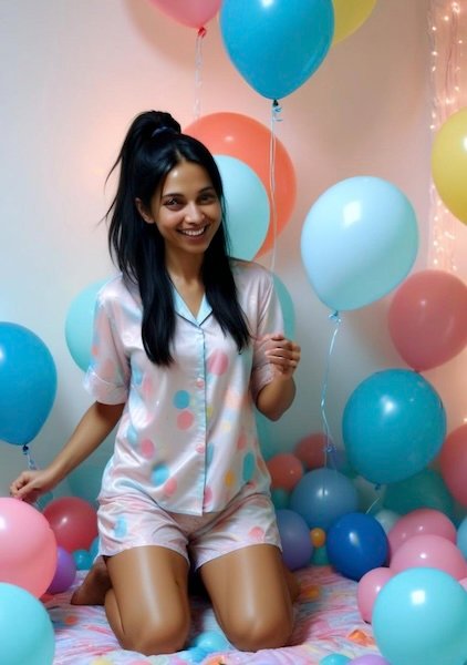 Kink of the Month, Ballooning. A woman on bed in pajamas with balloons